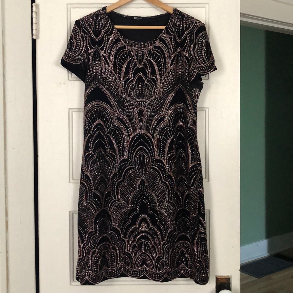 Black and rose gold sparkle knee length dress